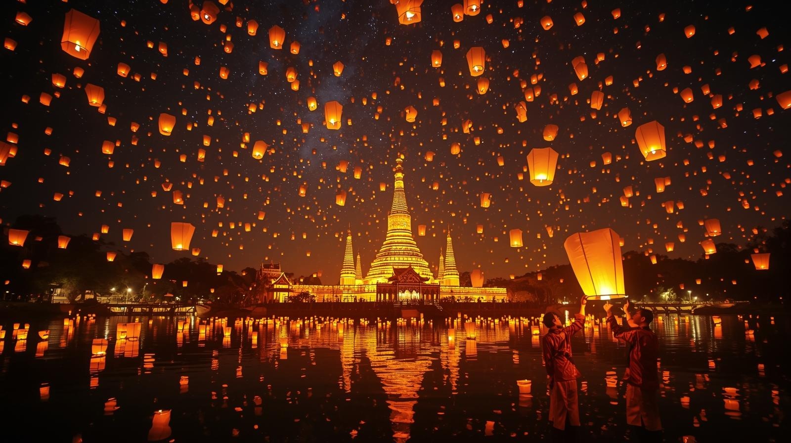 Thousands of sky lanterns released over a Chiang Mai temple during Yi Peng